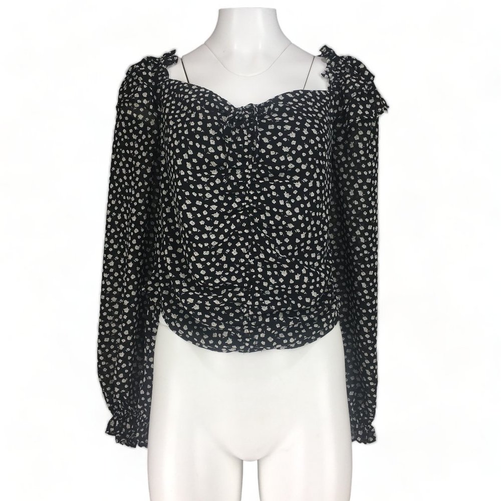 ASTR the Label Crop Blouse Long Sleeve Black White Floral Sheer Tie Front  XL